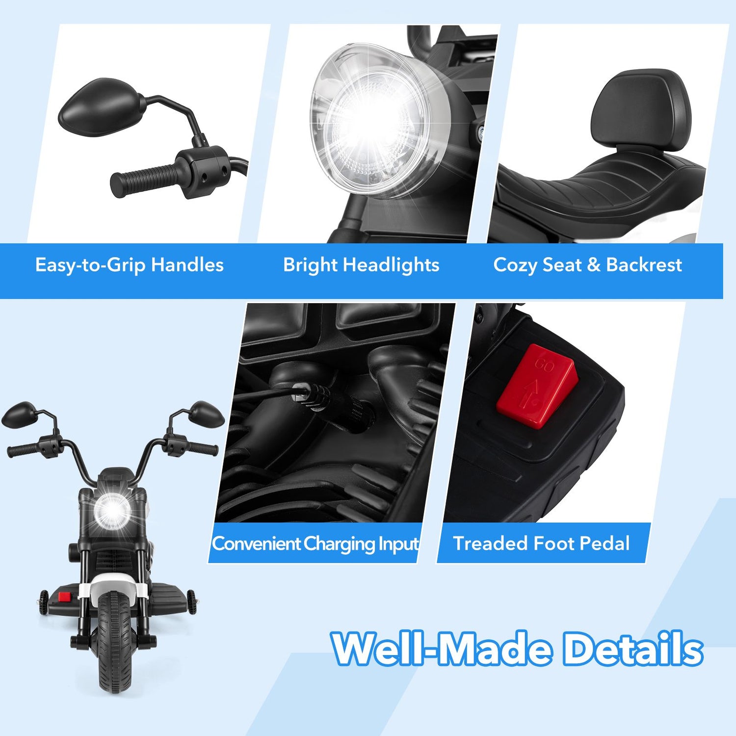 6V Battery Powered Ride on Toy with Detachable Training Wheels and Music