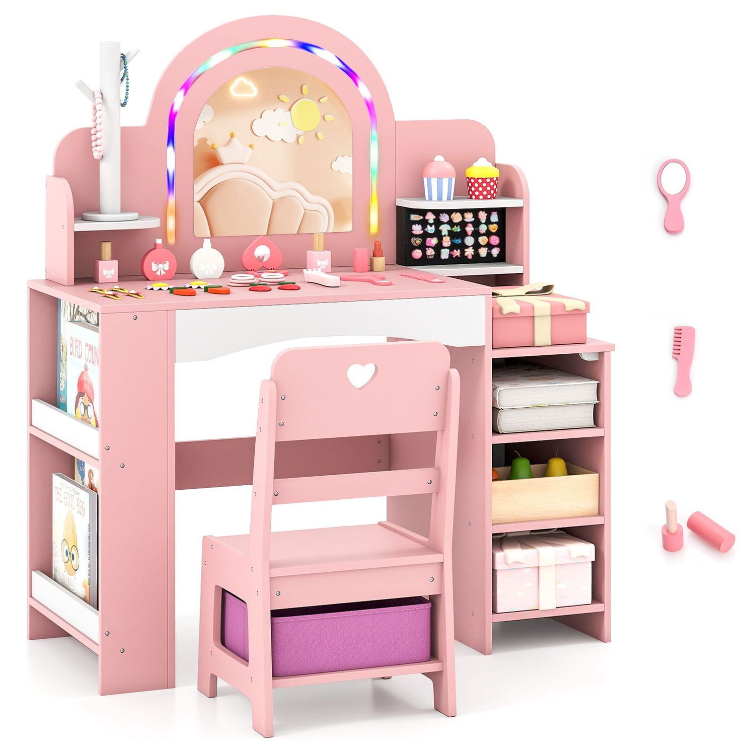 Princess Pretend Play Makeup Table with Open Storage Shelves and Jewelry Rack