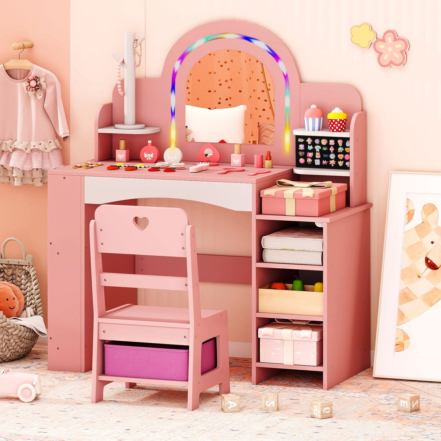 Princess Pretend Play Makeup Table with Open Storage Shelves and Jewelry Rack