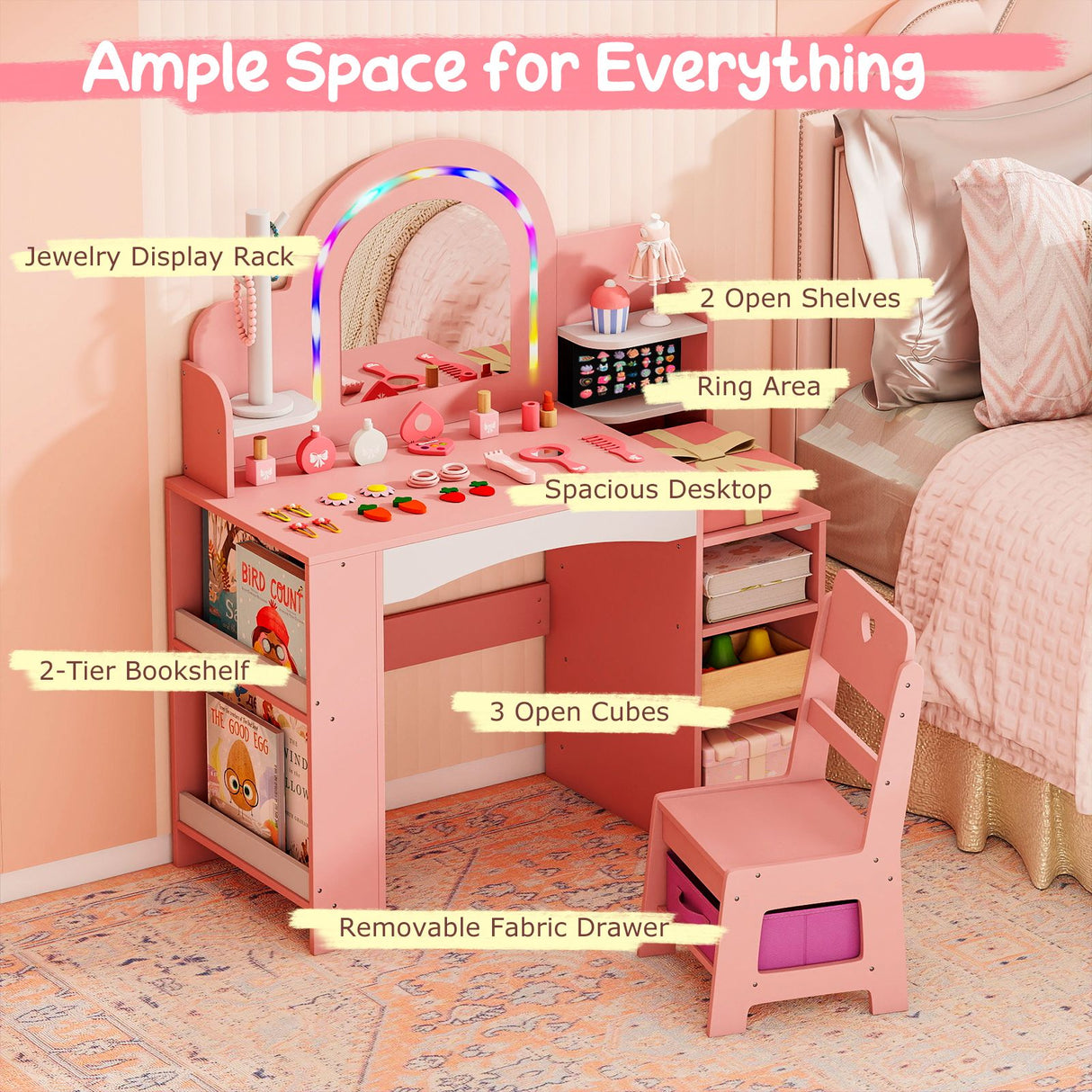Princess Pretend Play Makeup Table with Open Storage Shelves and Jewelry Rack