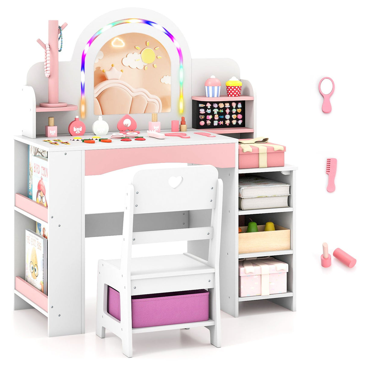 Princess Pretend Play Makeup Table with Open Storage Shelves and Jewelry Rack