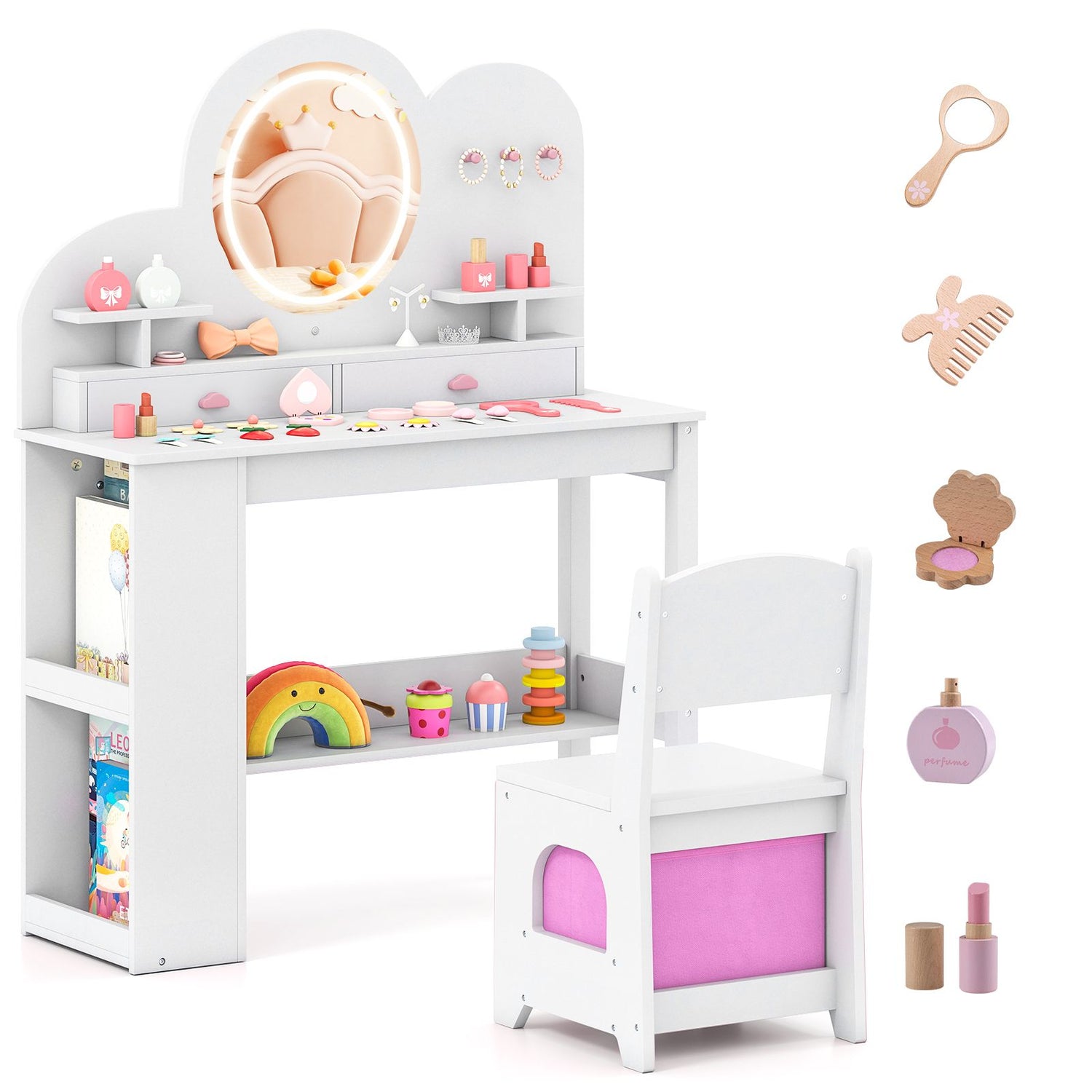 princess dress up table Costway 2-Piece Rectangle MDF Top Pink Kids Vanity Table and Chair Set Princess Pretend Play Makeup Vanity Set HCST01596