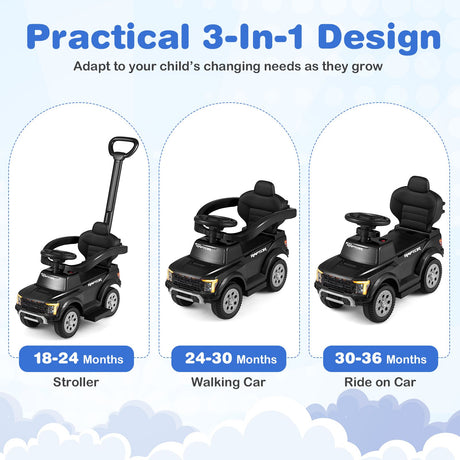 3-In-1 Toddler Push Car Licensed Ford With Ignition Sound and LED Lights
