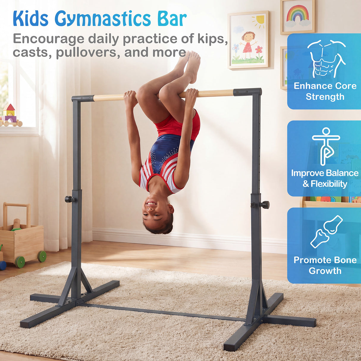 BABY JOY Kids Gymnastic Training Bar, 90 to 150cm Height Adjustable Expandable Exercise Horizontal Kip Bar w/Double Locking Mechanism