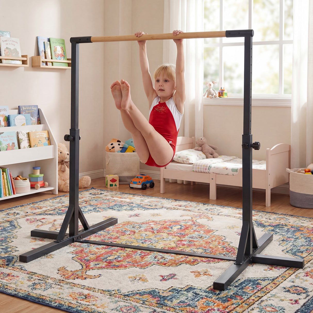 BABY JOY Kids Gymnastic Training Bar, 90 to 150cm Height Adjustable Expandable Exercise Horizontal Kip Bar w/Double Locking Mechanism