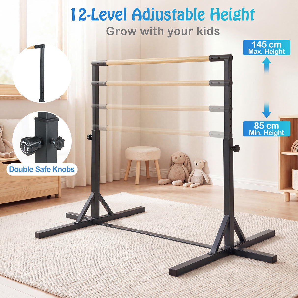 BABY JOY Kids Gymnastic Training Bar, 90 to 150cm Height Adjustable Expandable Exercise Horizontal Kip Bar w/Double Locking Mechanism