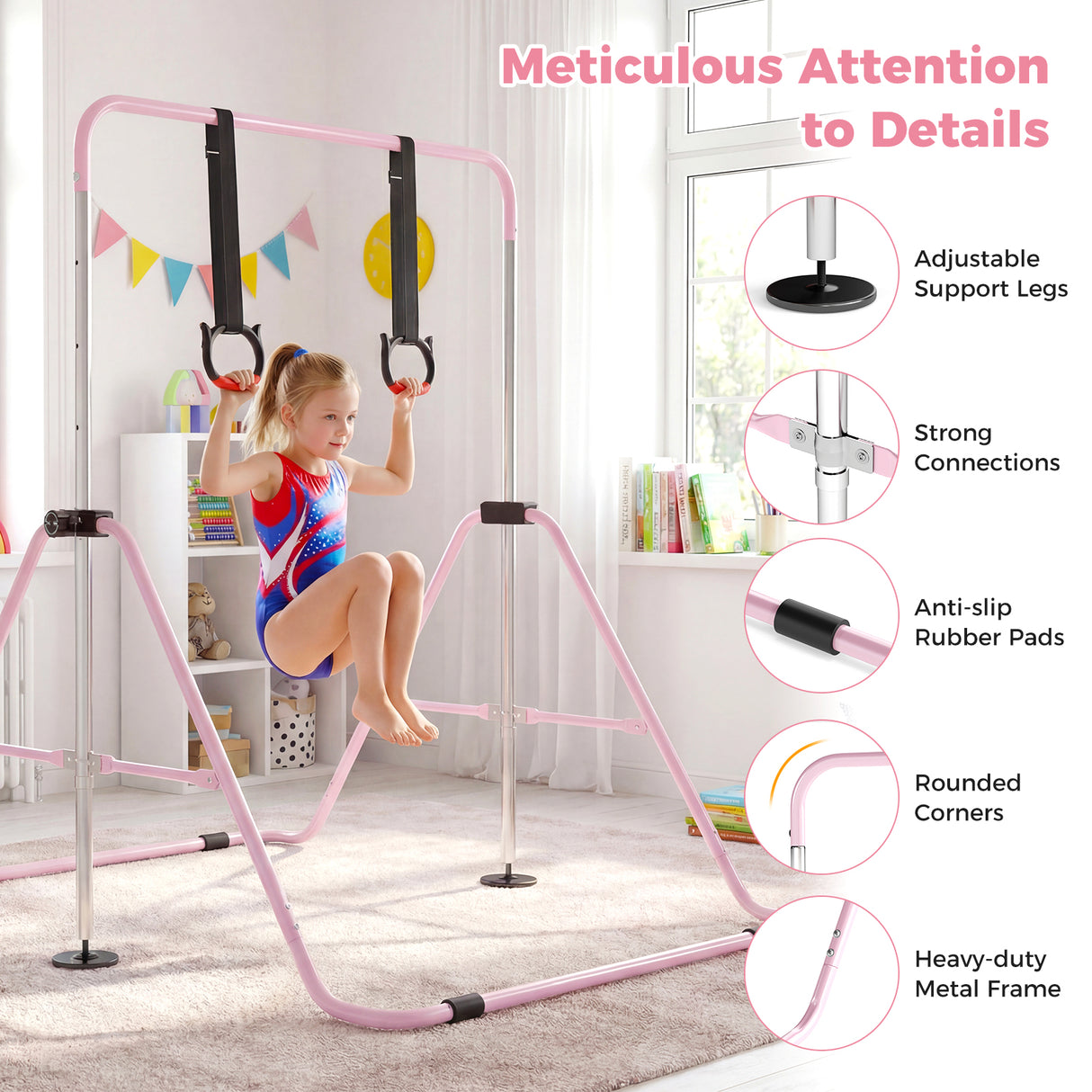 Expandable Gymnastic Bar for Kids, 4-Level Height Adjustable Gymnastic Horizontal Bar