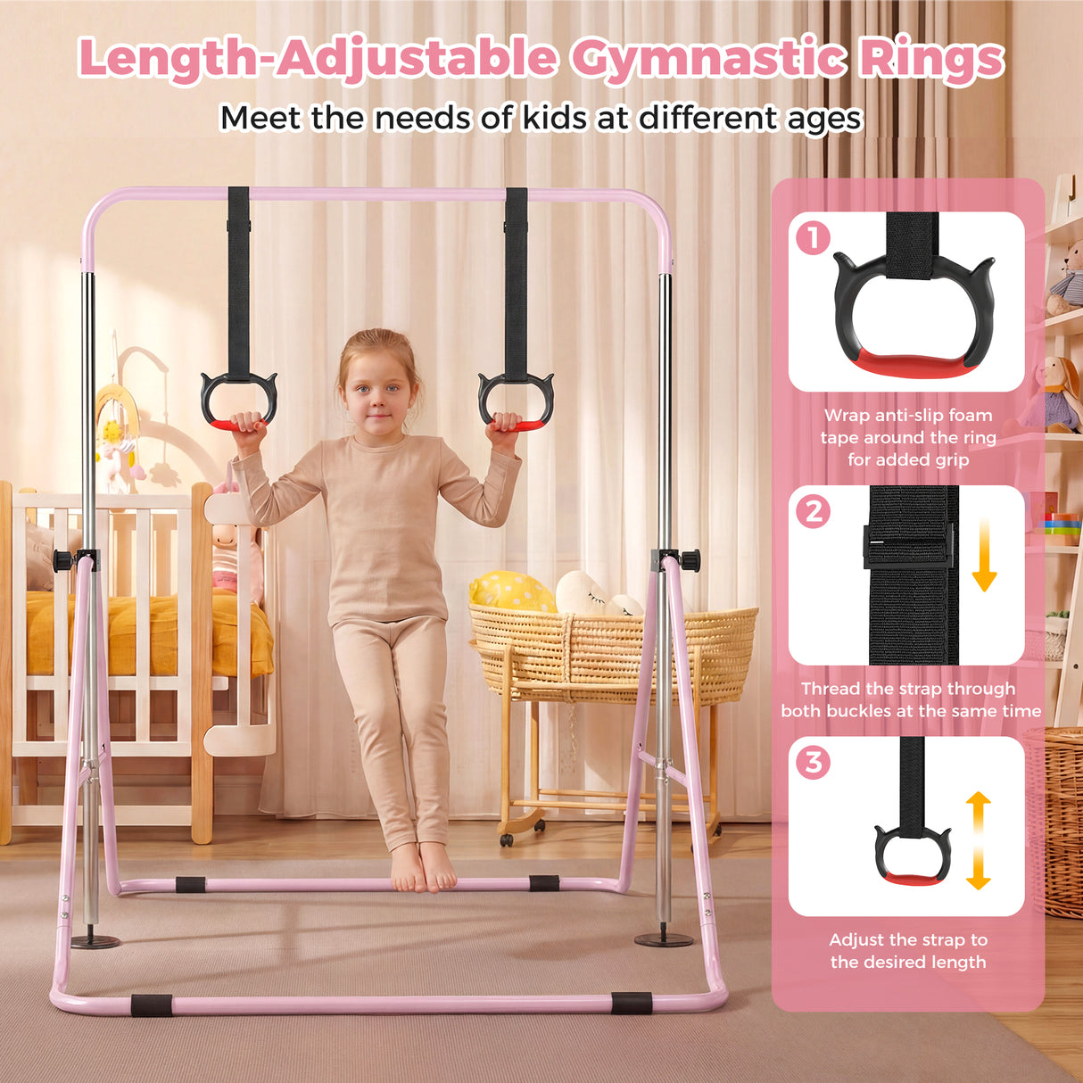 Expandable Gymnastic Bar for Kids, 4-Level Height Adjustable Gymnastic Horizontal Bar