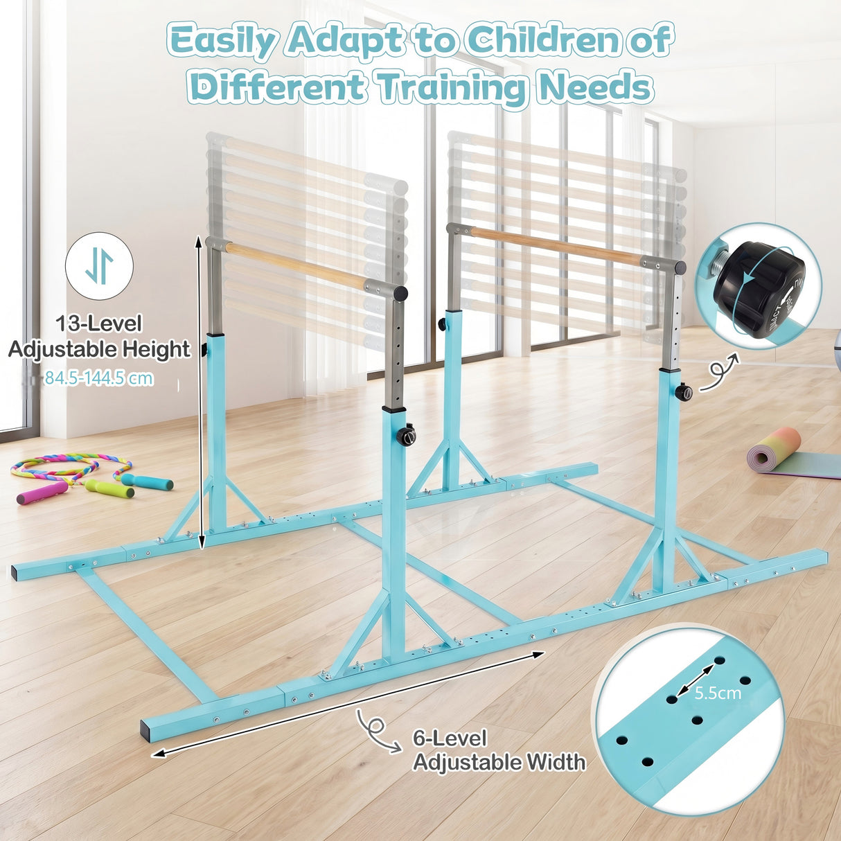 Double Horizontal Bars for Kids, 8 FT Junior Gymnastic Parallel Bars with 13-Level 33”-57” Adjustable Heights