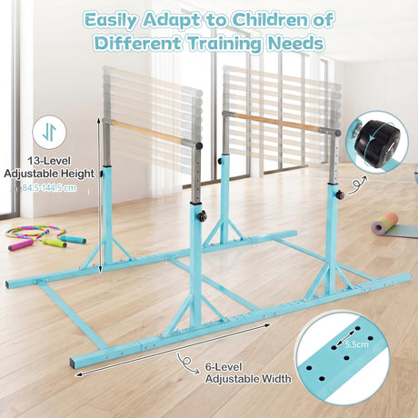 Double Horizontal Bars for Kids, 8 FT Junior Gymnastic Parallel Bars with 13-Level 33”-57” Adjustable Heights
