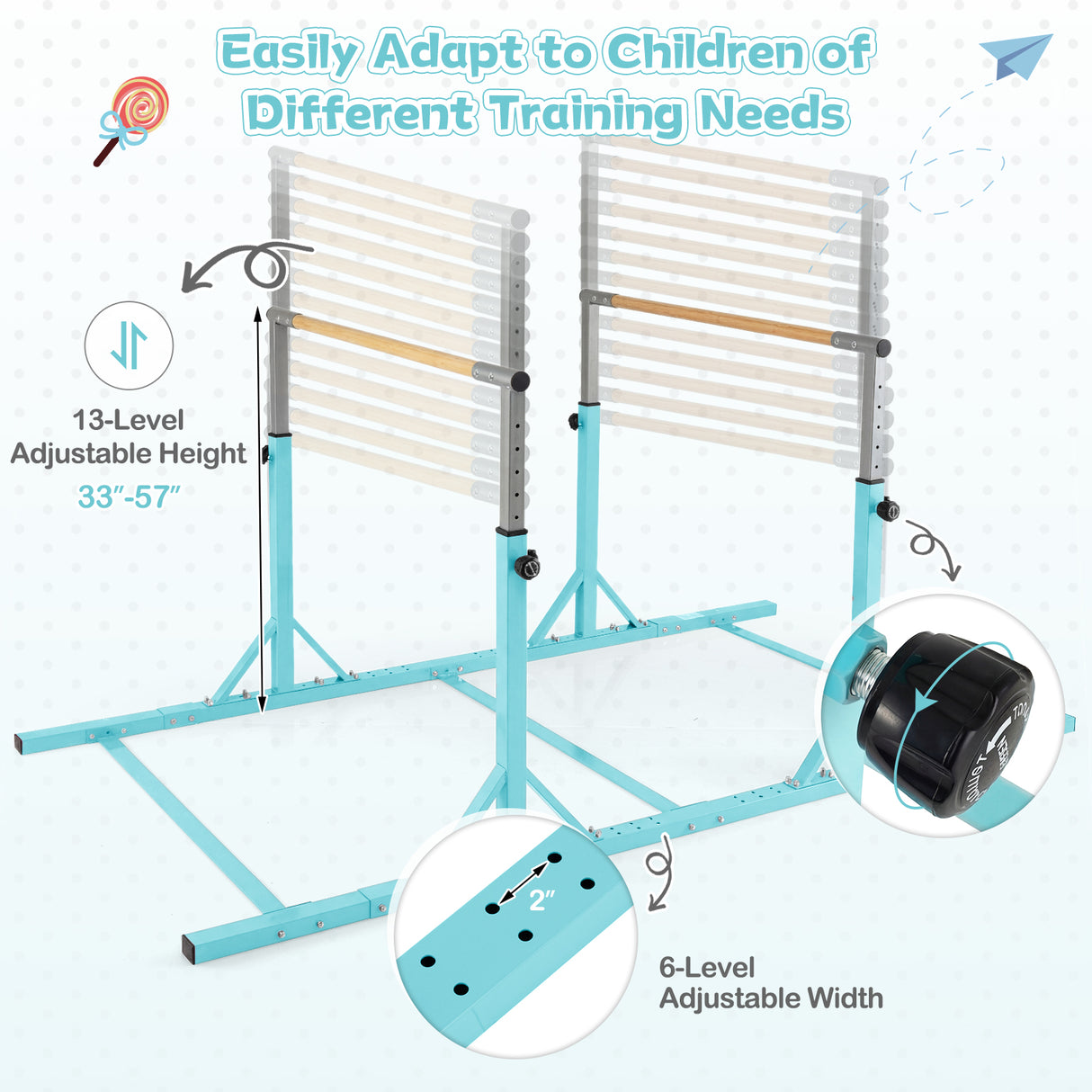 Double Horizontal Bars for Kids, 8 FT Junior Gymnastic Parallel Bars with 13-Level 33”-57” Adjustable Heights