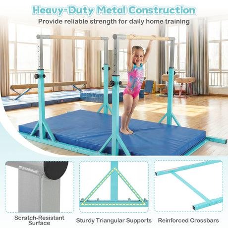 Double Horizontal Bars for Kids, 8 FT Junior Gymnastic Parallel Bars with 13-Level 33”-57” Adjustable Heights