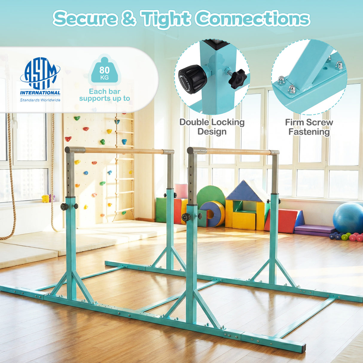 Double Horizontal Bars for Kids, 8 FT Junior Gymnastic Parallel Bars with 13-Level 33”-57” Adjustable Heights