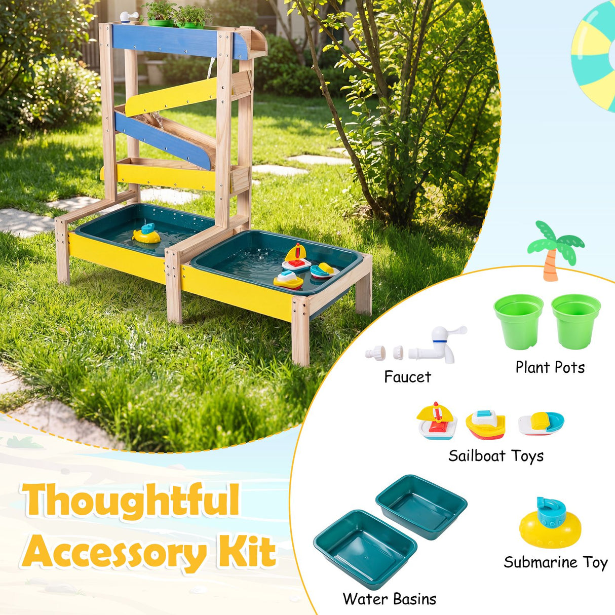Sand and Water Table for Toddlers with 2 Basins Plant Pots and Sailboat