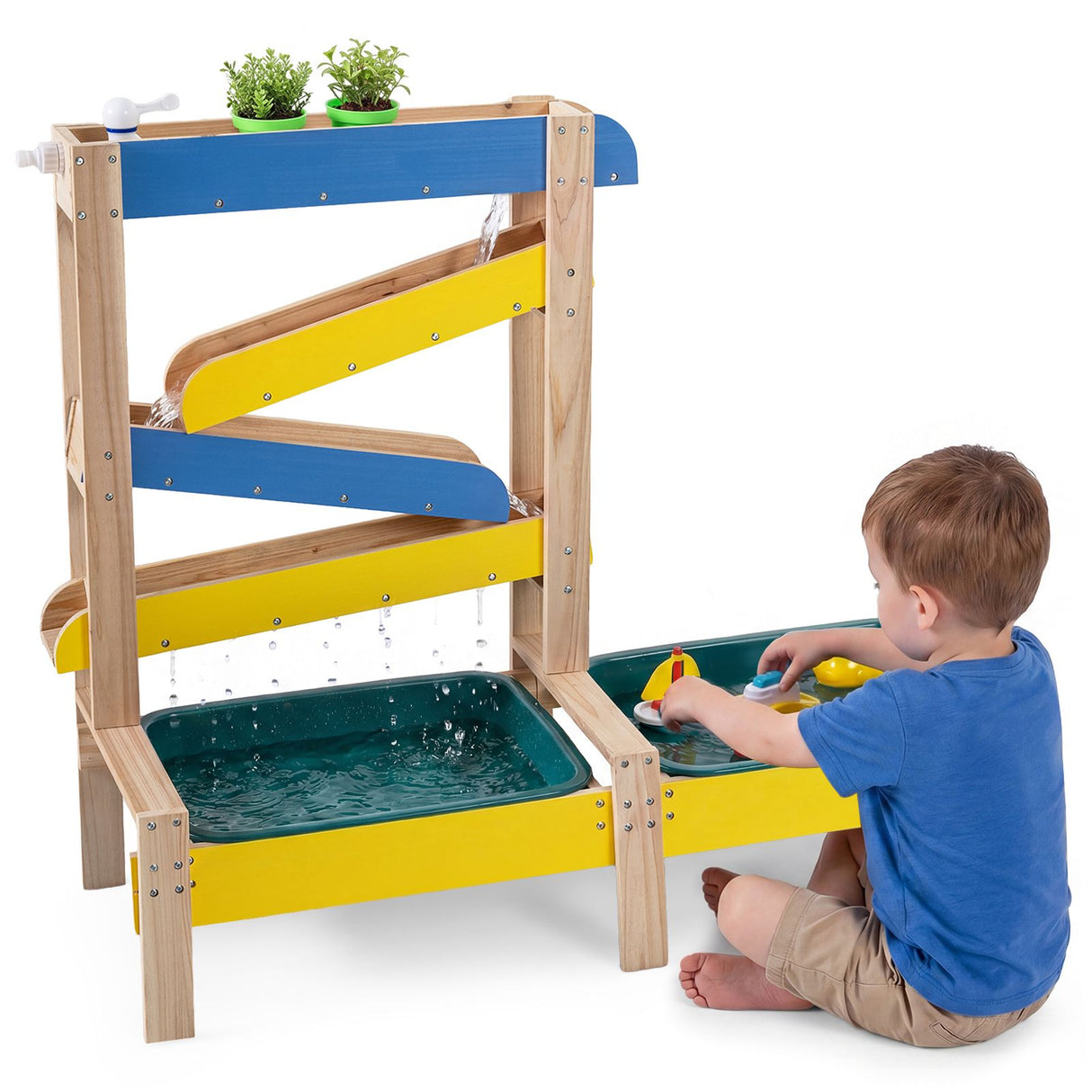Sand and Water Table for Toddlers with 2 Basins Plant Pots and Sailboat