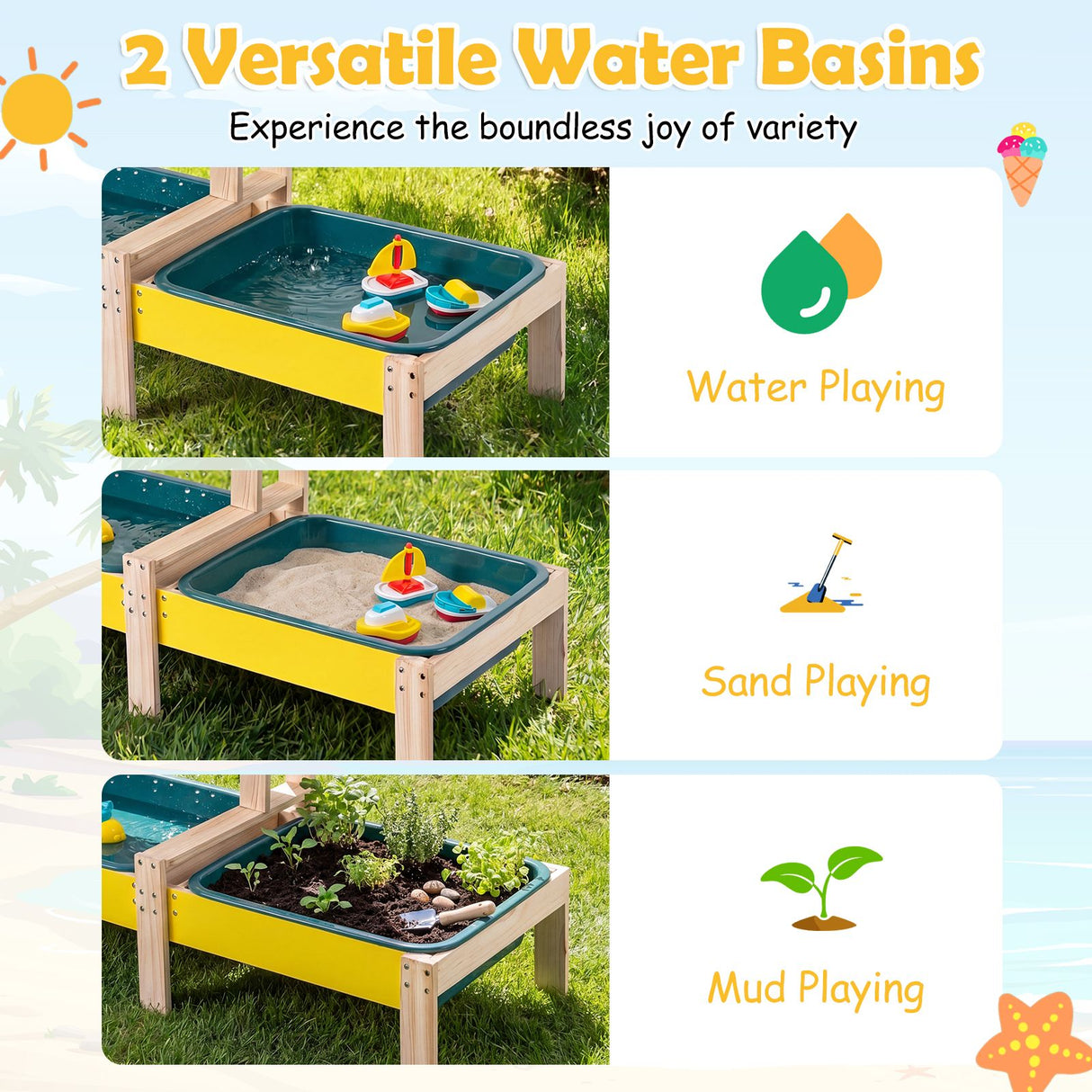 Sand and Water Table for Toddlers with 2 Basins Plant Pots and Sailboat