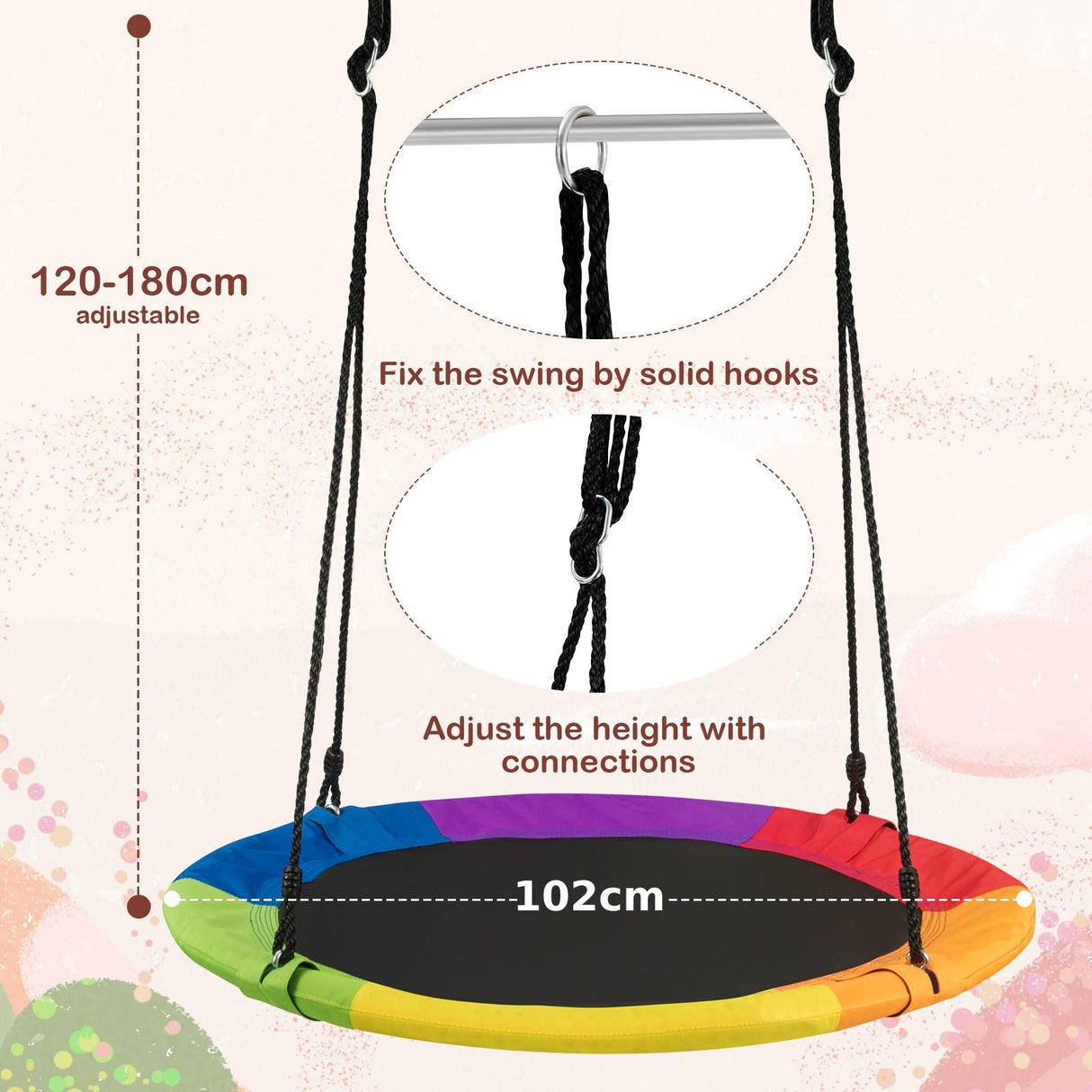 Outdoor Round Swing with Height Adjustment and 900D Oxford Fabric