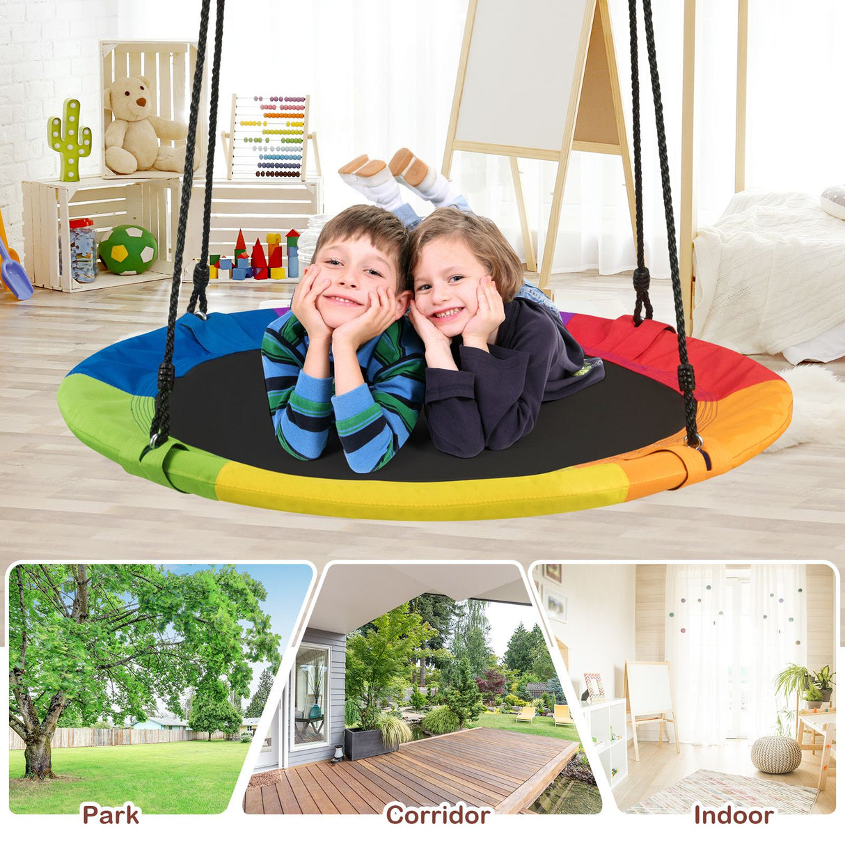 Outdoor Round Swing with Height Adjustment and 900D Oxford Fabric