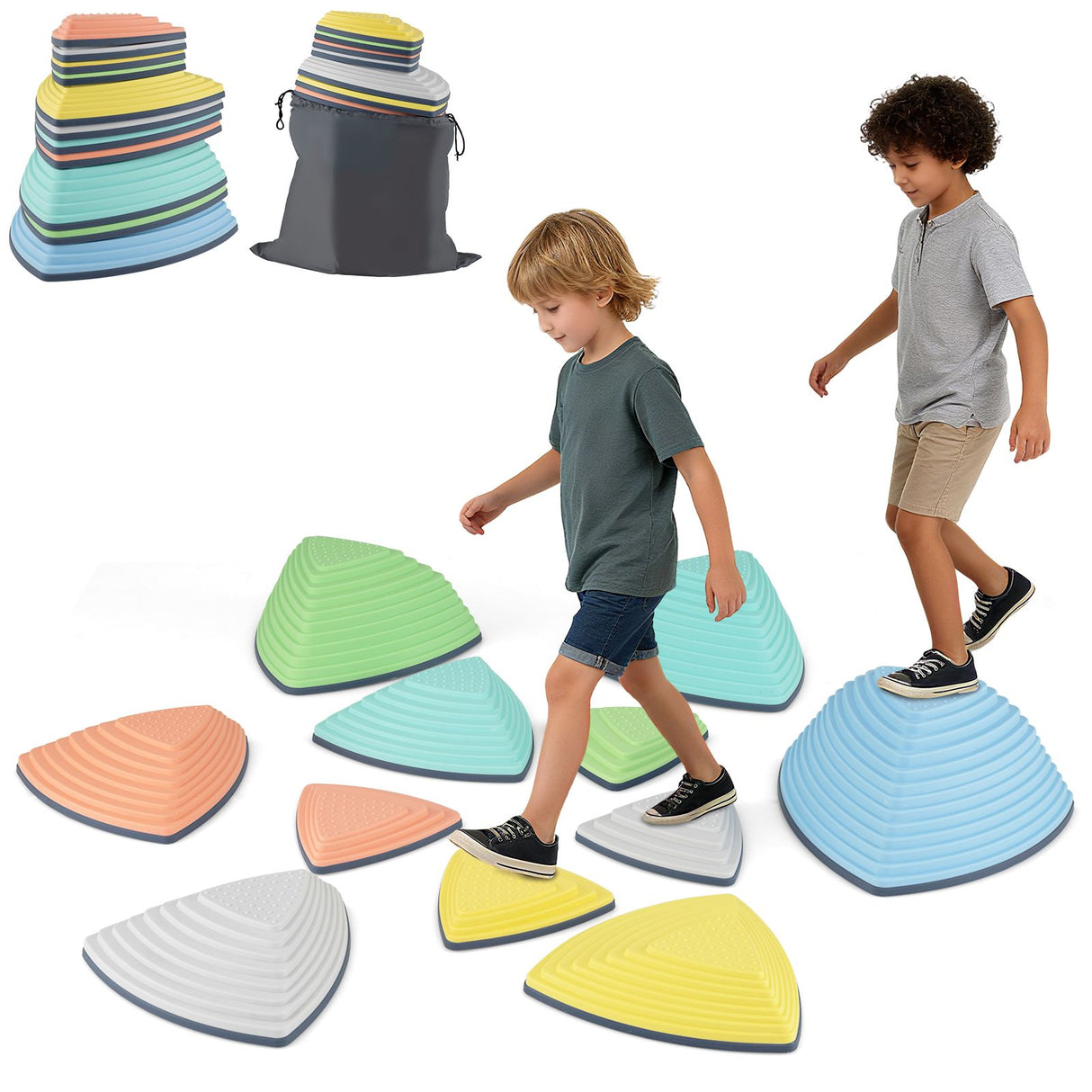 Set of 6/11 Non-Slip Balance Stones with Storage Bag for Motor Skills