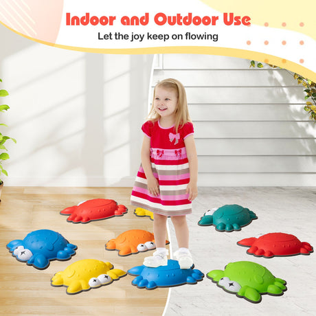 Child standing on colorful turtle-shaped stepping stones indoors with text about use.