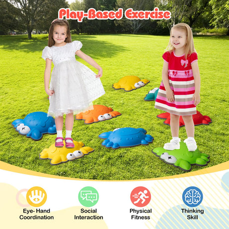 Two children standing on colorful stepping stones in a park with text about play-based exercise.