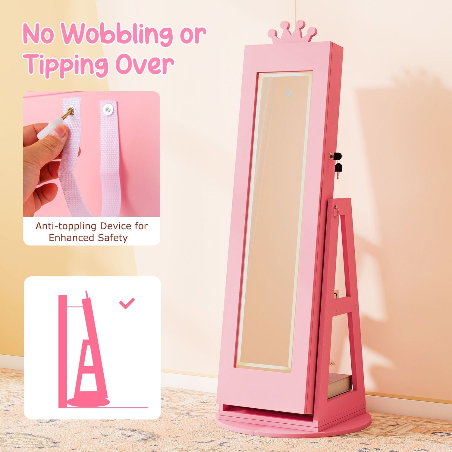 Swivel Kids Jewelry Cabinet with Lights and Built-in Mirror