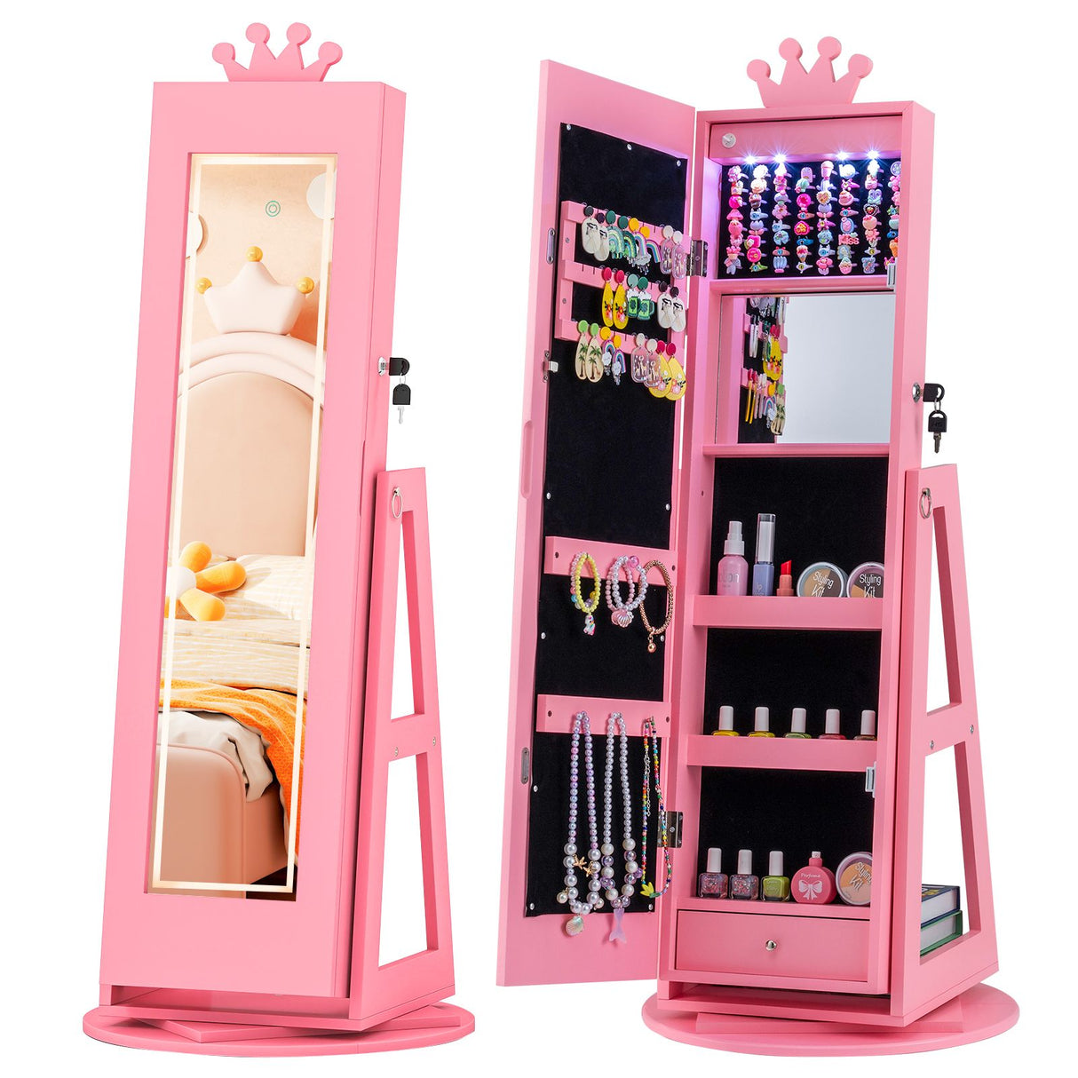 Swivel Kids Jewelry Cabinet with Lights and Built-in Mirror