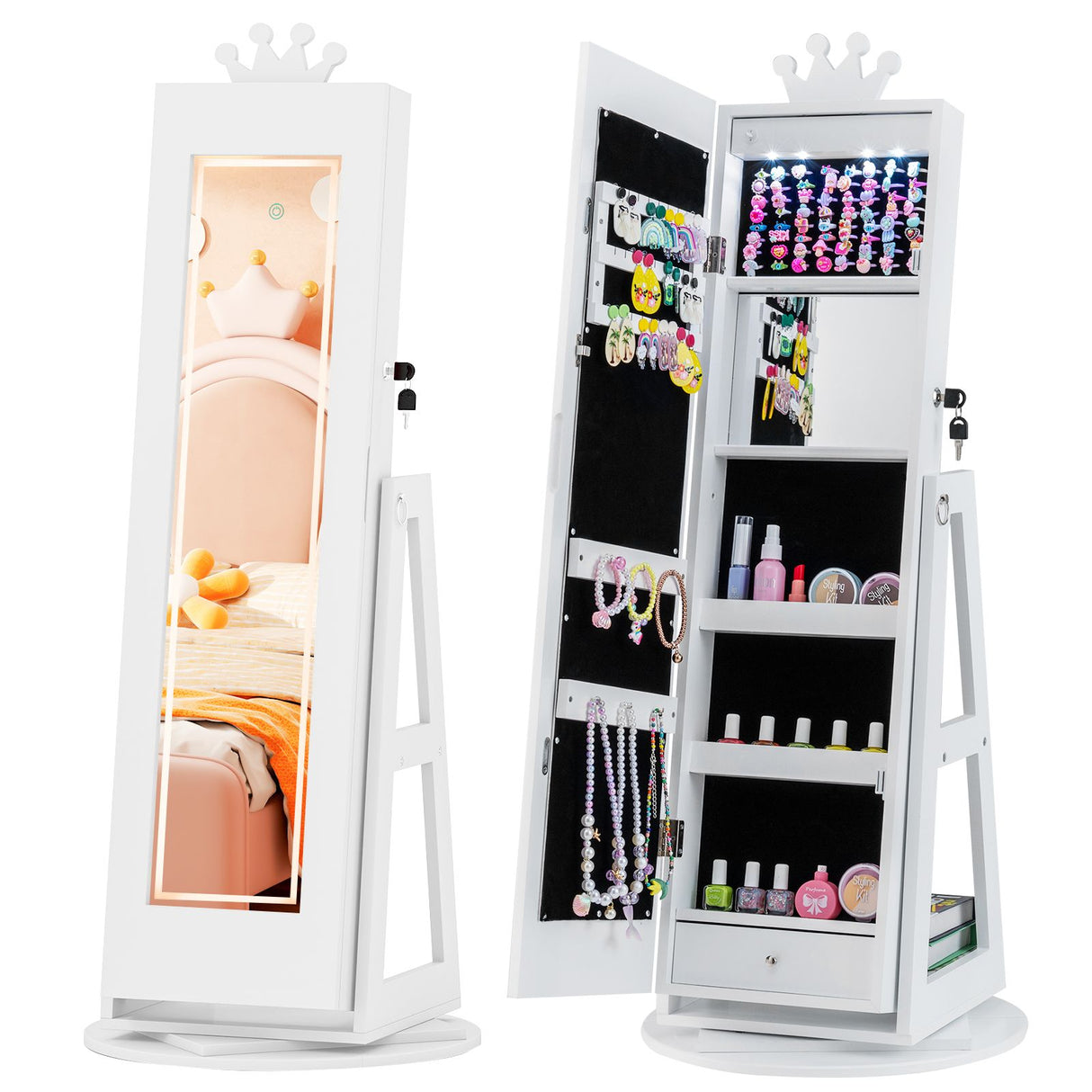Swivel Kids Jewelry Cabinet with Lights and Built-in Mirror