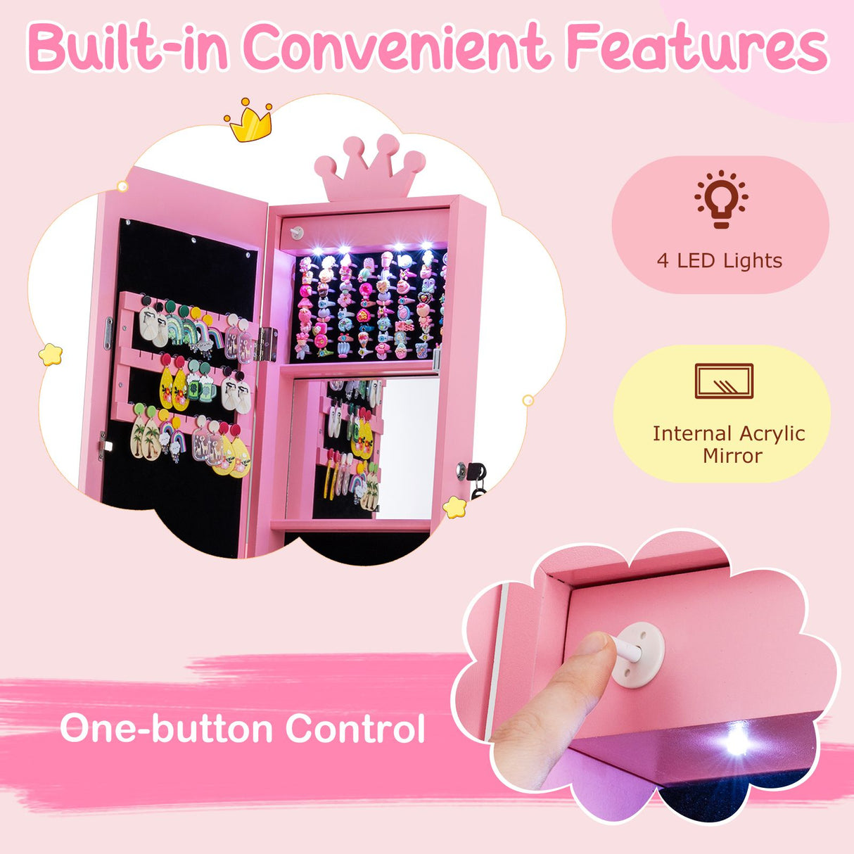 Swivel Kids Jewelry Cabinet with Lights and Built-in Mirror