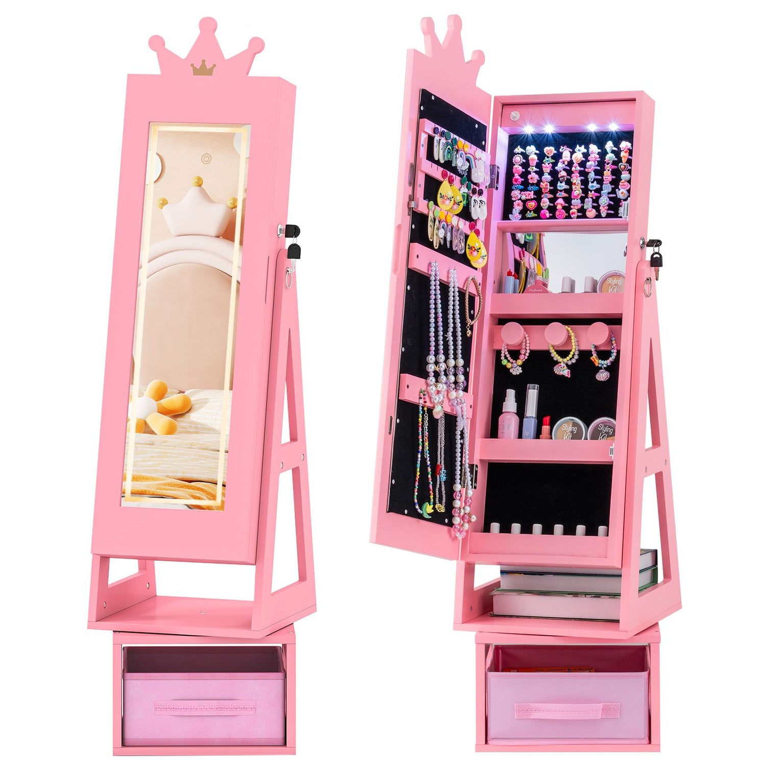 Swivel Kids Jewelry Cabinet with Lights and Full-Length Mirror
