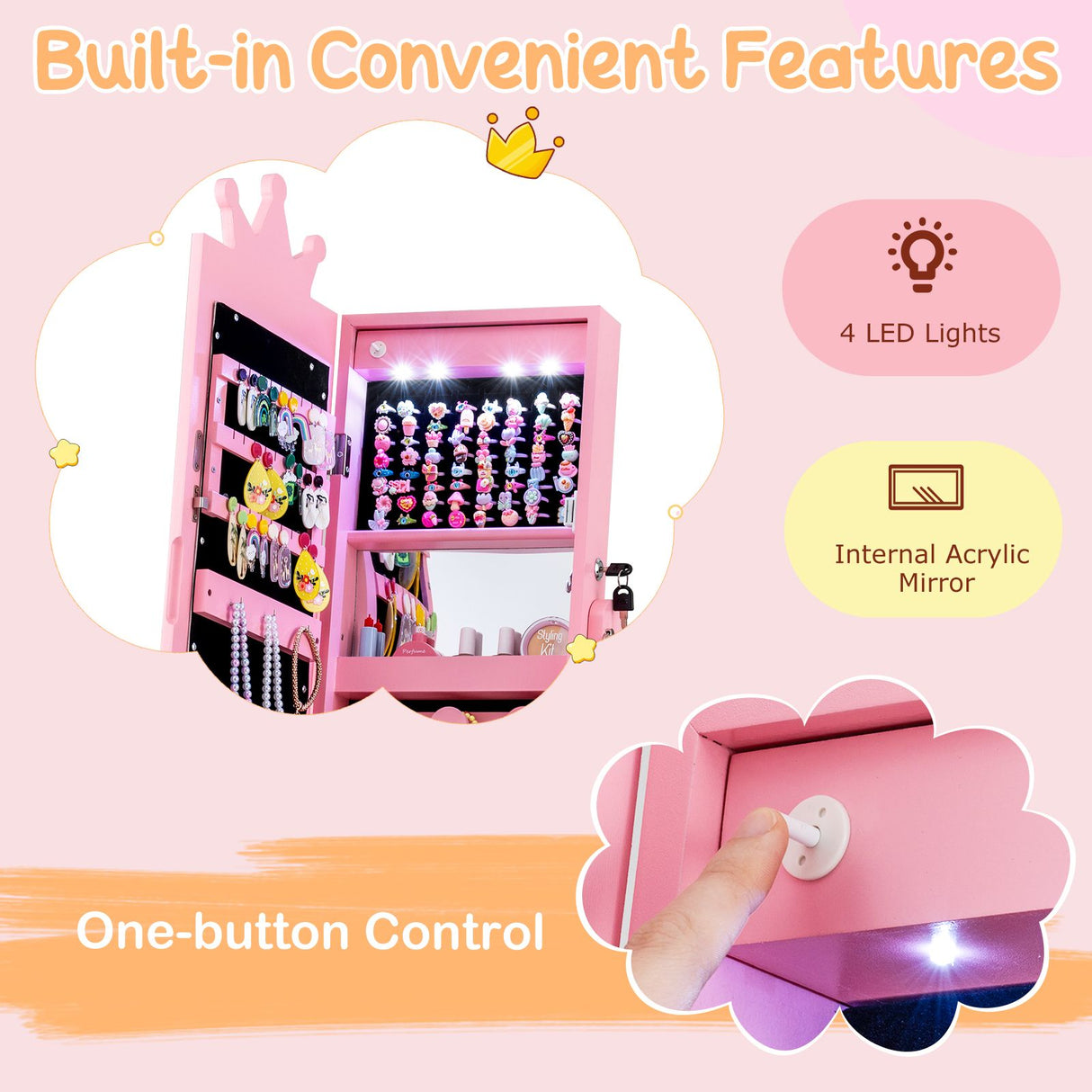 Swivel Kids Jewelry Cabinet with Lights and Full-Length Mirror