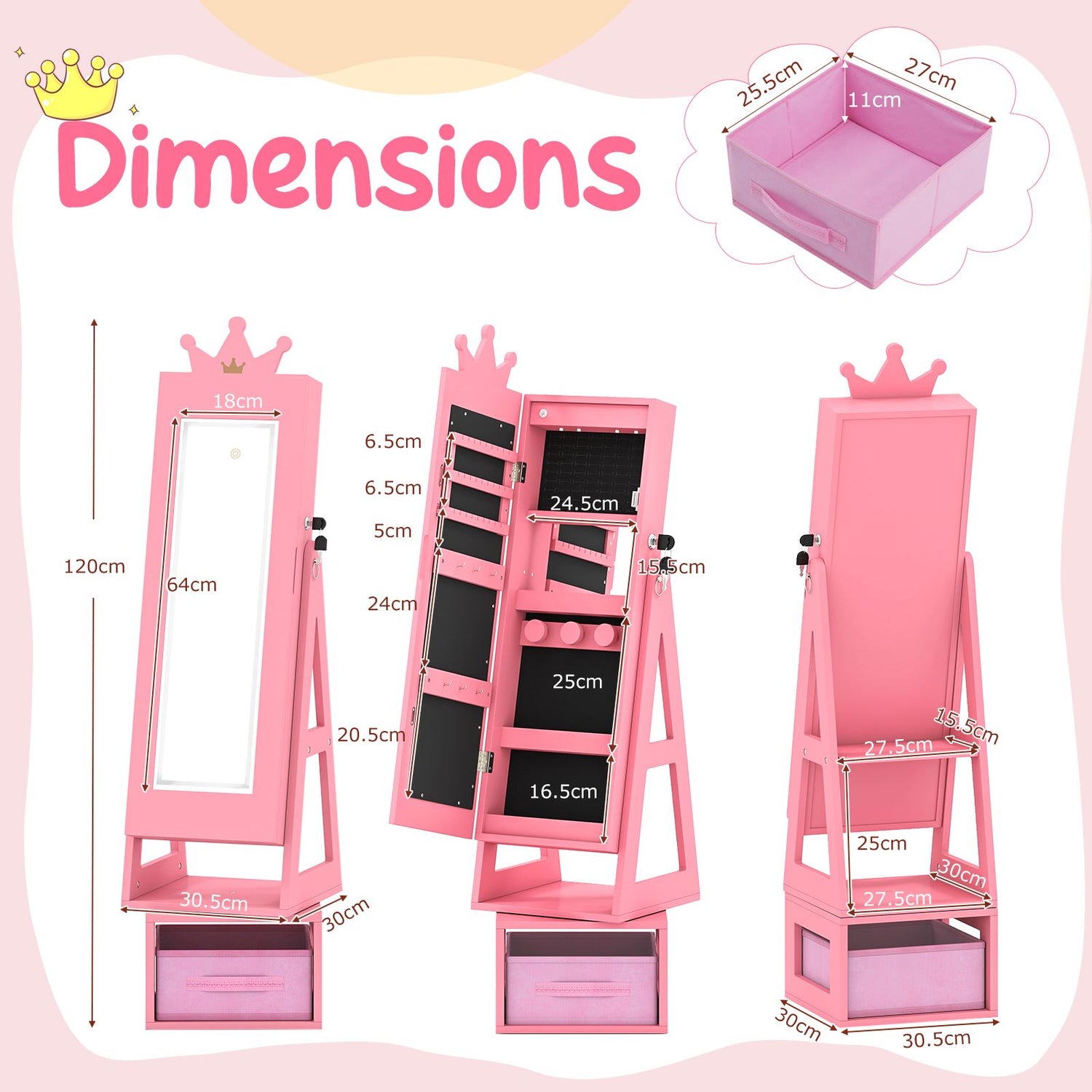 Swivel Kids Jewelry Cabinet with Lights and Full-Length Mirror