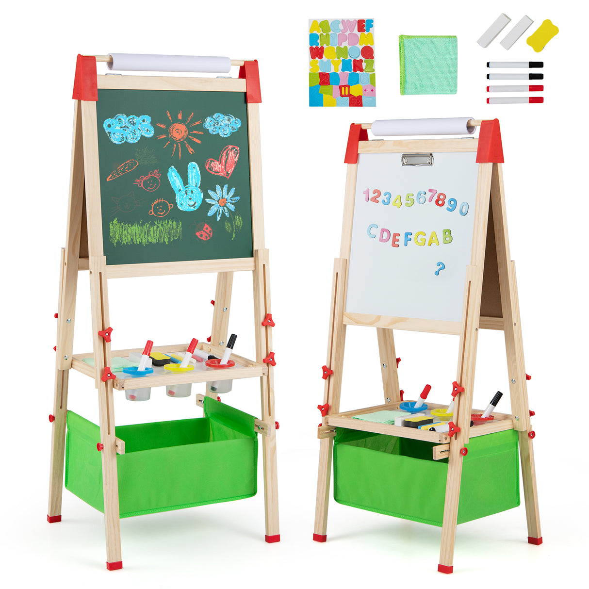 BABY JOY Kids Art Easel, Adjustable Height Double Sided Easel w/Chalkboard & Whiteboard