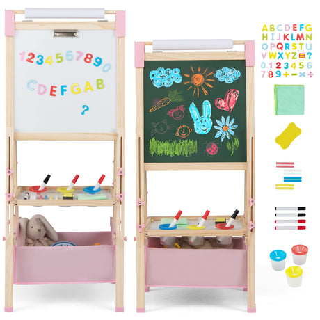 BABY JOY Kids Art Easel, Adjustable Height Double Sided Easel w/Chalkboard & Whiteboard