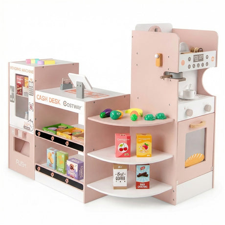 HONEY JOY Kids Grocery Store Playset, Wooden Pretend Play Supermarket w/Vending Machine