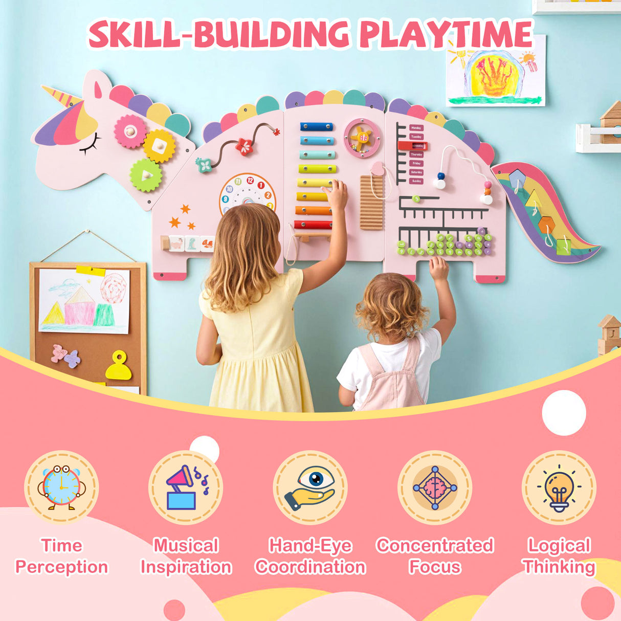 Unicorn Activity Wall Busy Board Panels 11-in-1 Montessori Sensory Board