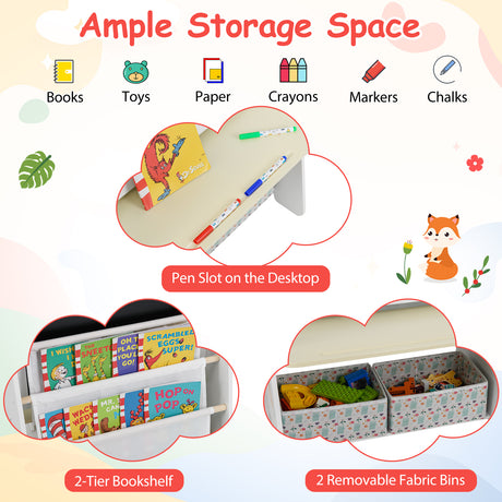 Children's storage shelf with books, toys, paper, crayons, markers, and chalks, featuring a pen slot on the desktop.