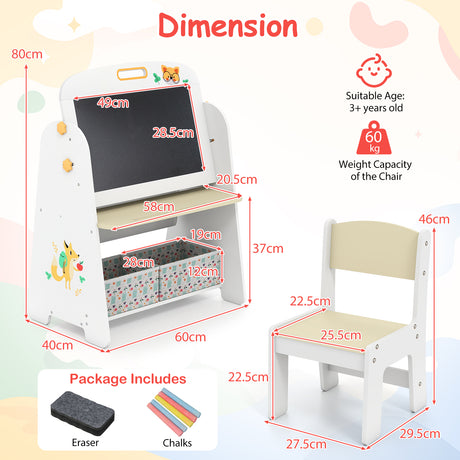 Children's desk and chair set with dimensions and product details on a colorful background