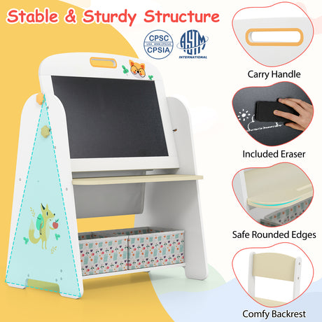 Children's art easel with features highlighted on a yellow background