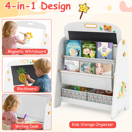 Children's multi-functional learning and storage unit with whiteboard, blackboard, and bookshelf.