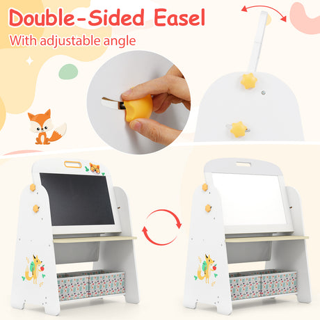 Double-sided easel with adjustable angle, featuring a hand holding a yellow object.