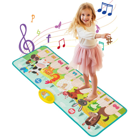 Child playing on a colorful musical mat with cartoon animals and music notes.