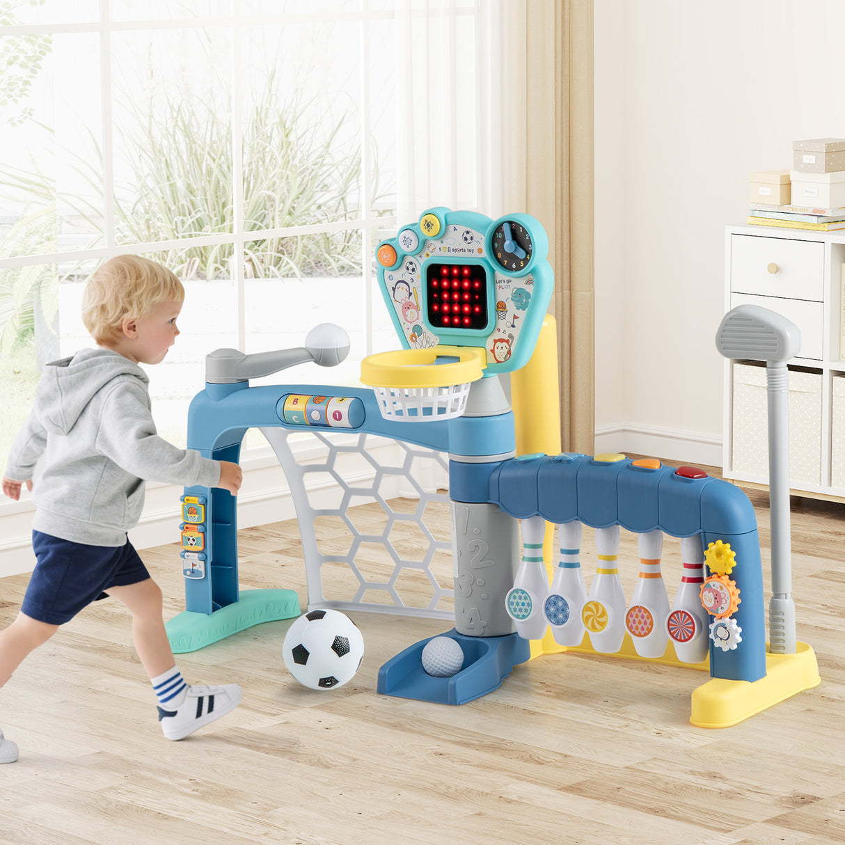 5 in 1 Toddler Sports Toy Kids Activity Center with Adjustable Basketball Hoop