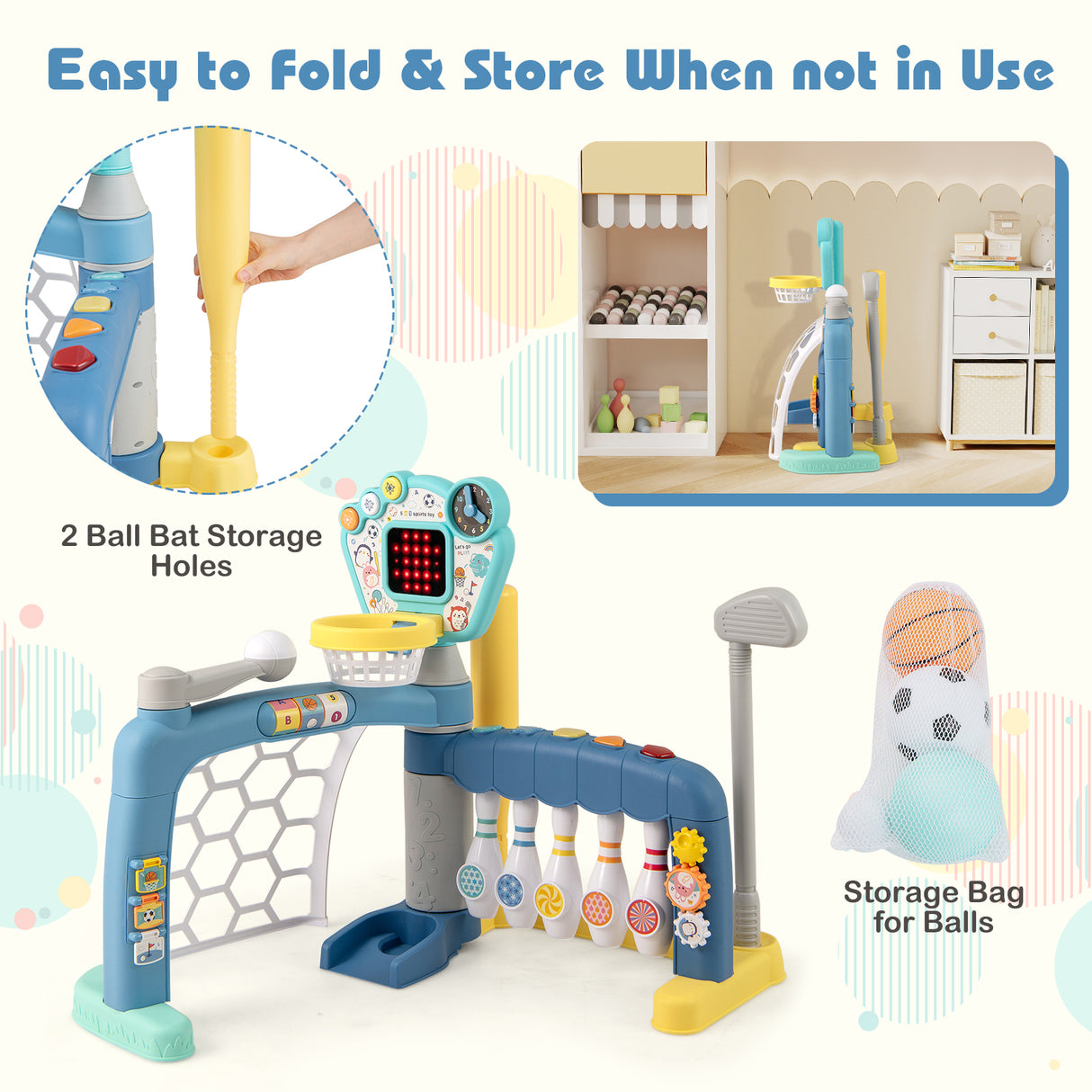 5 in 1 Toddler Sports Toy Kids Activity Center with Adjustable Basketball Hoop