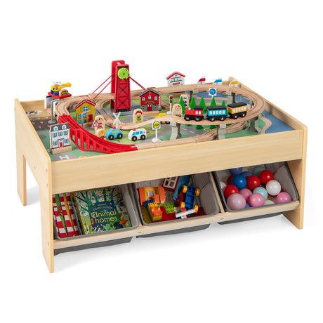Wooden Train Table Multipurpose Activity Play Table with 3 Storage Bins
