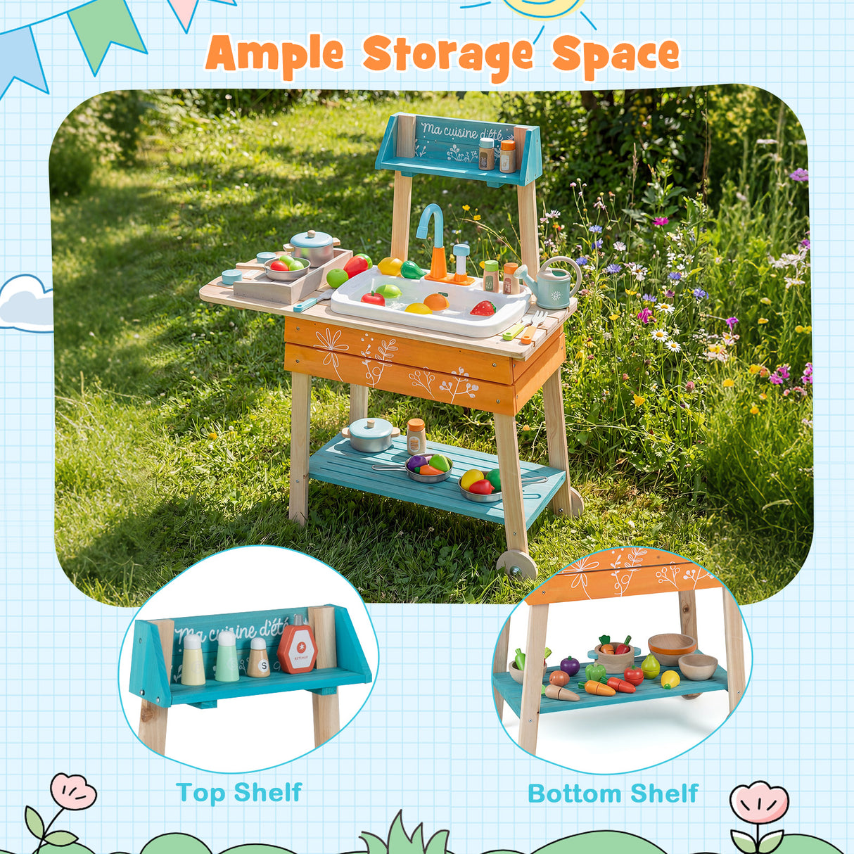 Wooden Toy Kitchen Playset with Removable Sink and Circulation Faucet