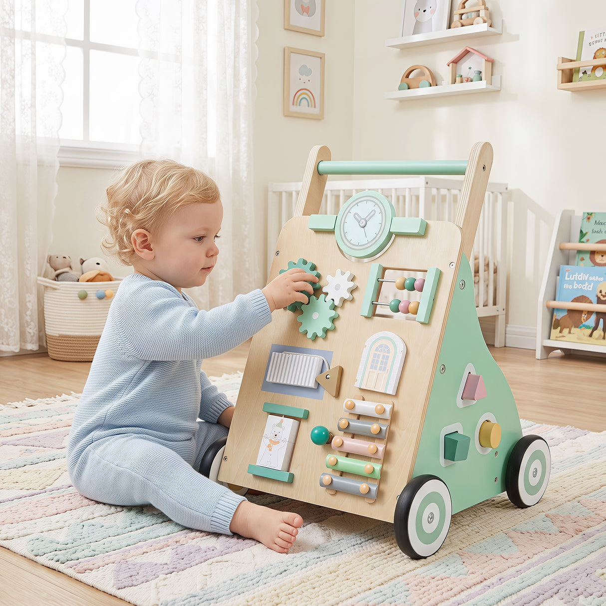 Montessori Walker w/ Mirror & Clock, Shape Sorter, Tracking Game, Xylophone with Mallet for 1+ Years Old Boys & Girls