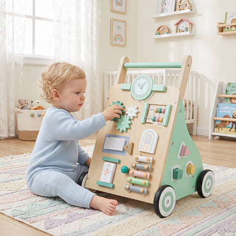 Montessori Walker w/ Mirror & Clock, Shape Sorter, Tracking Game, Xylophone with Mallet for 1+ Years Old Boys & Girls