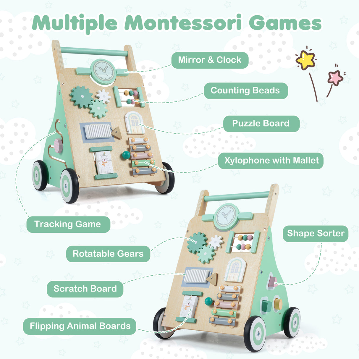 Montessori Walker w/ Mirror & Clock, Shape Sorter, Tracking Game, Xylophone with Mallet for 1+ Years Old Boys & Girls