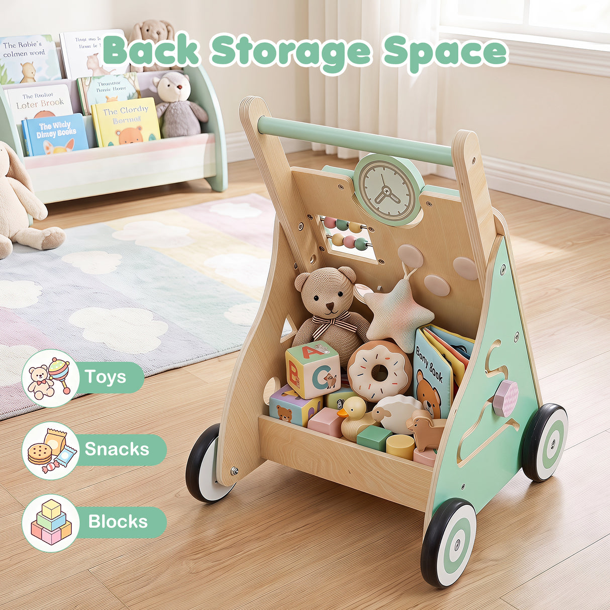 Montessori Walker w/ Mirror & Clock, Shape Sorter, Tracking Game, Xylophone with Mallet for 1+ Years Old Boys & Girls